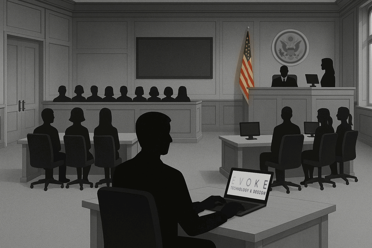 A courtroom technician, or a trial tech displays images and videos in the courtroom
